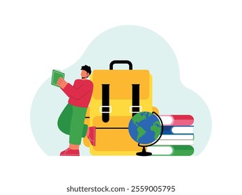 a male student is reading a book while leaning on a large backpack, there are also stacks of books and a globe map.
design, illustration