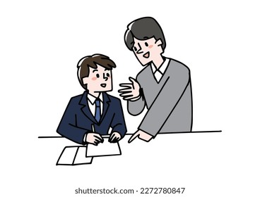 A male student receiving advice from a lecturer Illustration of a boy studying at a cram school or correspondence course