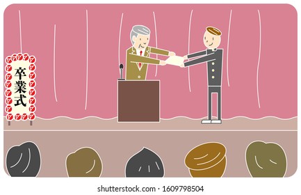 A male student receiving a diploma. Translation: Graduation ceremony