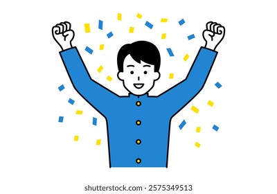 Male student rejoicing with his hands raised amid confetti