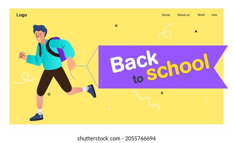 A male student running holding a large sign. Back to school banner. Vector education design concept. 