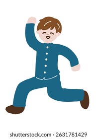A male student in a school uniform running with a smile