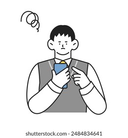 male student in school uniform using a cellular phone. Illustration of negative facial expression.