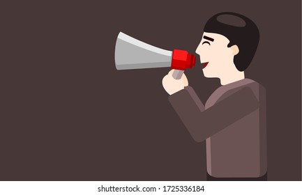 A male student shouted through a megaphone on a brown background with a copy area. Return to school concept