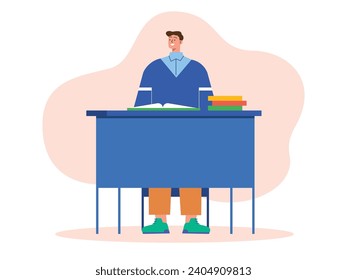 A male student sits alone and reads with a stack of books, working on an assignment in the university library. Character design. Flat illustration