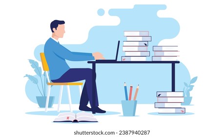 Male student sitting at desk with laptop and books studying and learning online. Education, school and course concept in flat design vector illustration with white background