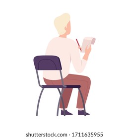 Male Student Sitting On Chair In Class, Back View Of Young Man Writing In Notebook During University Lecture Flat Vector Illustration