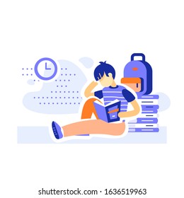 Male student sitting and reading books, education program, learning literature, literacy concept, assiduous boy, vector flat illustration