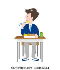 A male student sitting at a seat and eating lunch box. Vector illustration