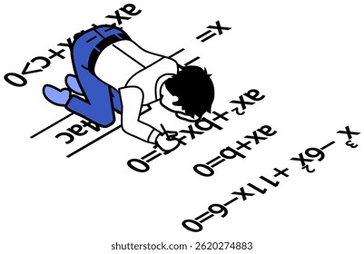 Estudante masculino resolvendo equações escritas no chão - Blue Monochrome