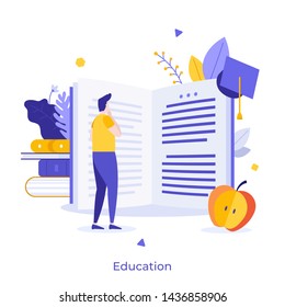 Male student standing in front of giant open book and reading. Creative concept of university education, school learning, obtaining academic degree. Flat cartoon colorful vector illustration.