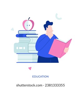Male student standing in front of giant open book and reading. Creative concept of university education, school learning, obtaining academic degree. Flat cartoon colorful vector illustration.