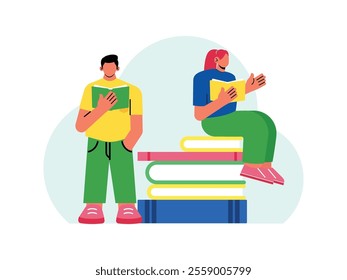 male student is standing while reading a book while female student is reading a book while sitting on a pile of books.
design, vector, illustration