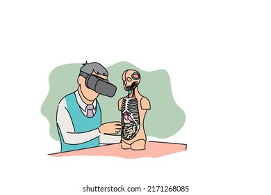 Male student studying digestive system with VR device. Biology class concept. Flat vector illustration design