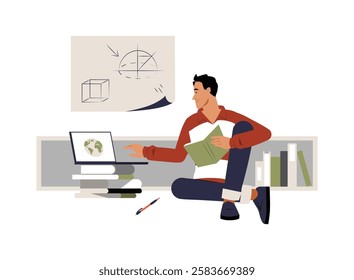 Male Student Studying With Laptop and Books in Flat Vector Illustration Symbolizing Online Learning, Self Study, and Digital Education, Isolated on White Background