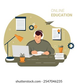 Male student is studying online. Concept for online education, distance learning, or homeschooling. Learning programming, foreign languages, online lessons, courses, webinars. Flat vector illustration