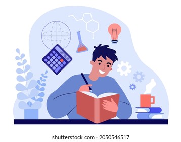 Male Student Studying Science From Book. Man Learning Experiments In Chemistry, Formulas Flat Vector Illustration. School, University Education Concept For Banner, Website Design Or Landing Web Page