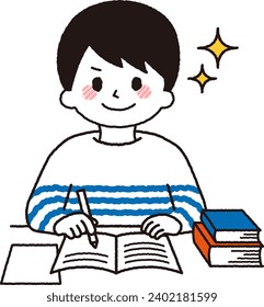 A male student studying. student taking a test.