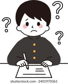 A male student studying. A worried expression.