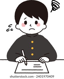 A male student studying. A worried expression.