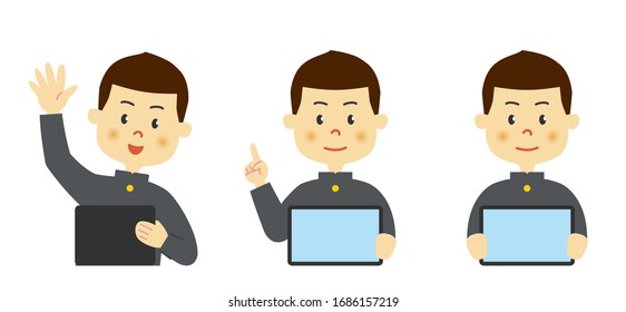 Male student with tablet. White back vector data.