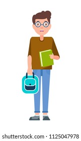 Male student teenage schoolboy freshman in glasses with book, dressed in casual cloth, rucksack in hand stylish backpack vector boy isolated on white