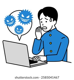 Male student is troubled by a computer virus on his laptop