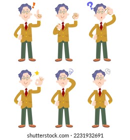 Male student in uniform poses and gestures, whole body