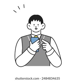 Estudiante masculino en uniforme usando un smartphone Ilustración positiva de la expresión facial