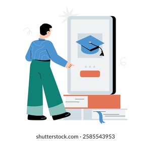 Male Student Using Online Education Platform On Smartphone In Flat Vector Illustration Symbolizing Digital Learning, E Learning, And Virtual Study, Isolated On White Background