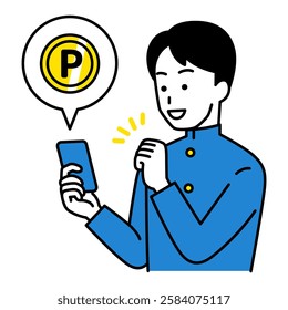 Male student using smartphone to get points