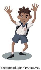 Male student vector illustration raising hands with cheerful gestures white background illustration , Vivid cartoon image