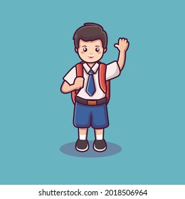 a male student wearing a bag and waving. a cute schoolboy vector. back to school background. boy in school uniform