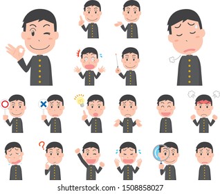 Male student wearing black school uniform pose facial expression set