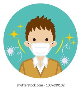 Male student wearing a mask for prevent flu virus - front view, Circular icon