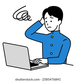 Male student who doesn't know how to use a laptop
