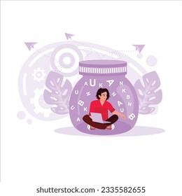 A male student who has always been studious, with the letters in a bottle in the background. Trend modern vector flat illustration.