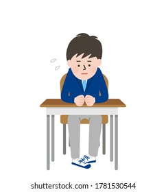 A male student who sits down and looks down. Vector illustration