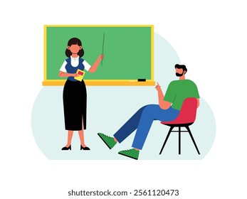 a male student who was sitting in his chair was listening to his teacher who was standing in front of the blackboard giving the day's lesson.
design, vector, illustration