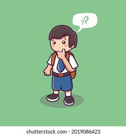 a male student who is thinking. a cute schoolboy vector. back to school background. cartoon confused expression. boy wearing uniform in shcool