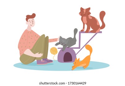 Male student or worker visits cat café and now playing with group of three cute and lovely fluffy kittens with ball of yarn. Vector cartoon colorful flat illustration on white background