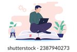Male student working on computer - Young person with laptop sitting on big book studying, doing school work and taking education class online. Flat design vector illustration with white background