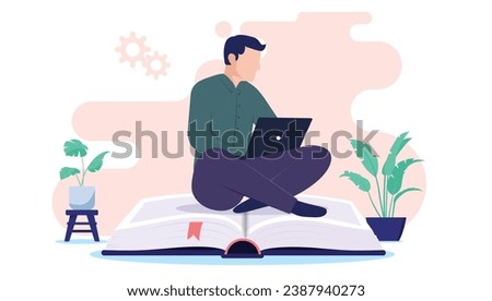 Male student working on computer - Young person with laptop sitting on big book studying, doing school work and taking education class online. Flat design vector illustration with white background