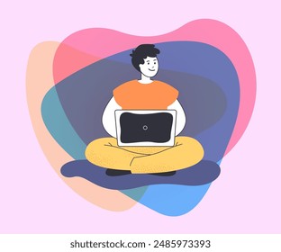 Male student working on laptop flat vector illustration. Young man sitting on lotus position and using device to study or work. Academic system, education, freelance job concept for banner