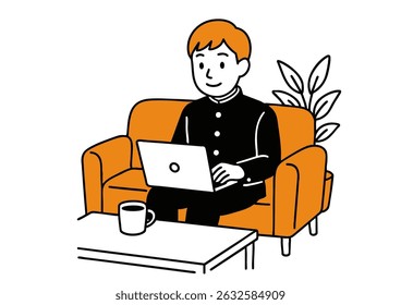 Male Student Working on Laptop While Sitting on Sofa (School Uniform)
