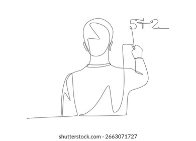 Male students answer math questions in front of the class. Student doing math concept one-line drawing