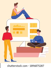 Male students with book and laptop doing homework. Flat design illustration. Vector