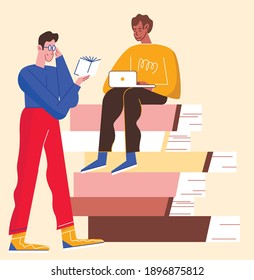 Male students with book and laptop doing homework. Flat design illustration. Vector