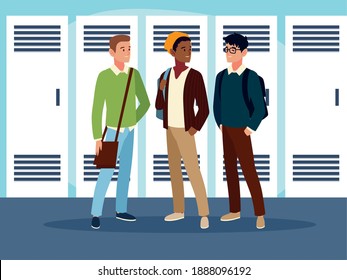 male students characters with backpacks in the hall vector illustration