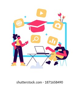 Male students with laptops learning online vector illustration. Studying online and e-learning, smart classroom and online training, modern education concept. Isolated on white background.